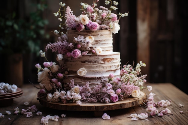 Rustikale Hochzeitstorte mit generativen Wildblumen IA