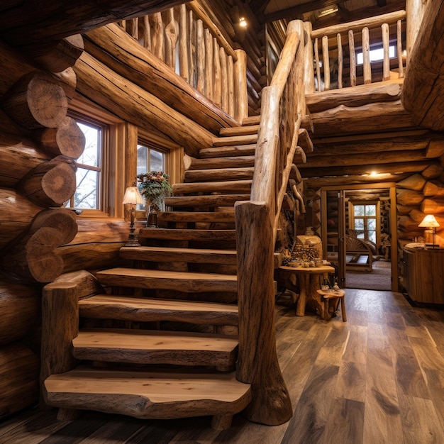 Rustikale Holztreppe in einer Blockhütte