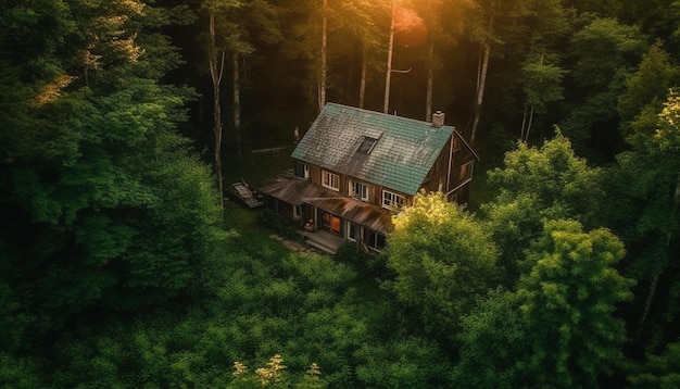 Rustikale Hütte auf einem Berg, umgeben von KI-generierter Natur