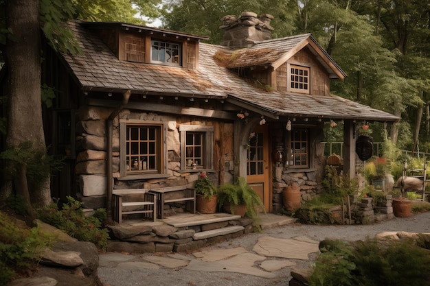 Rustikale Hütte aus natürlichen Materialien wie Holz und Stein