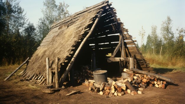 Foto rustikale hütte im wald, die von einem wanderer und feuerholz für ein gemütliches lagerfeuer gebaut wurde