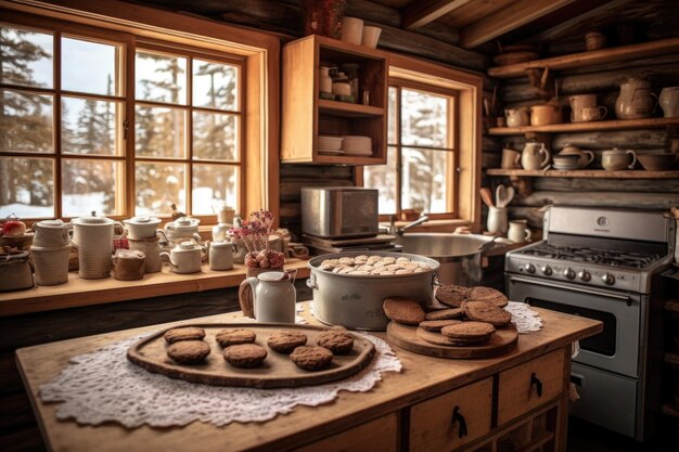 Foto rustikale hütte-küche mit hausgemachten kekse und tee, die mit generativer ai erstellt wurden