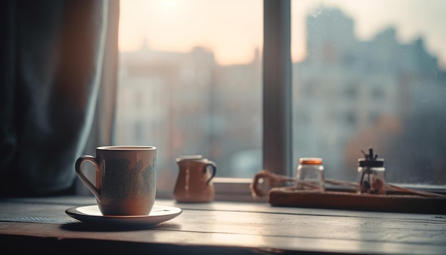 Rustikale Kaffeetasse auf der Fensterbank bringt durch KI erzeugte Wärme in die Wohnung