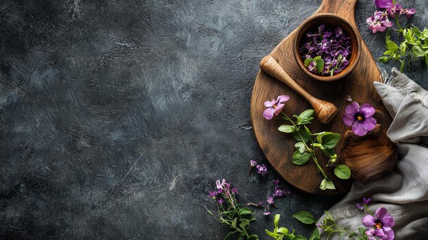 Rustikale Kräuter und Blumen auf Holzbrett für eine natürliche kulinarische Einrichtung