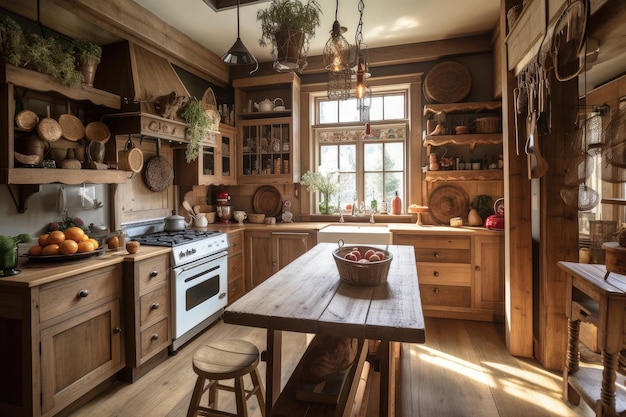 Rustikale Küche im Landhausstil mit Schränken in warmen Holztönen und Vintage-Knöpfen