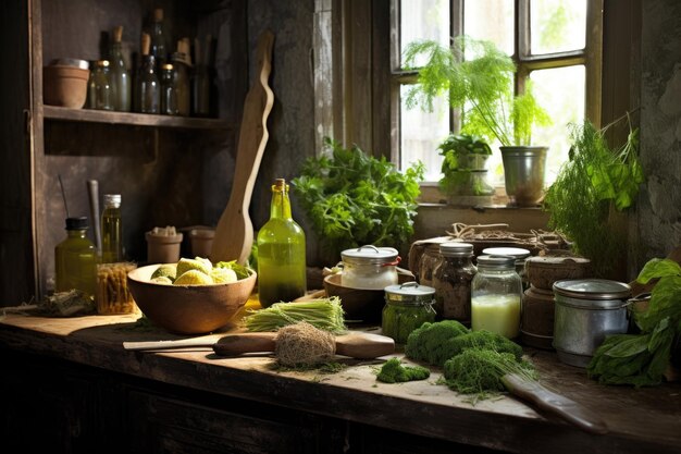 Foto rustikale küche mit pesto-zutaten und utensilien