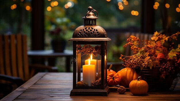 Foto rustikale laterne beleuchtet den herbsttisch