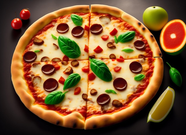 Rustikale Pizza-Präsentation mit Gemüsebelag Salat und Schneideutensil Ai Generated Art Work