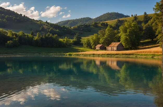 Rustikale Scheune an einem reflektierenden See im Tal