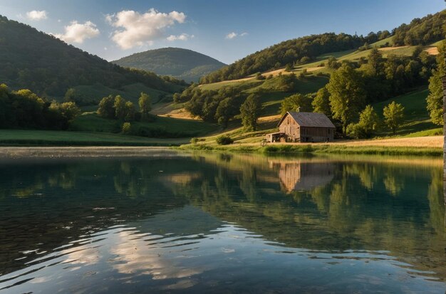 Rustikale Scheune an einem reflektierenden See im Tal