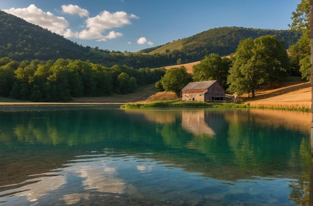 Rustikale Scheune an einem reflektierenden See im Tal