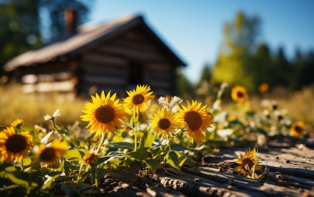 Rustikale Scheune, umgeben von einem Sonnenblumenfeld