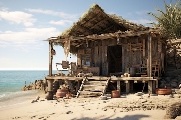 Rustikale Strandhütte mit verwittertem Holz und Generative ai