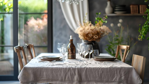 Rustikale Tischgestaltung mit einem Hauch von Eleganz Der Tisch ist mit einer weißen Tischdecken ausgestattet und verfügt über ein Mittelstück aus getrockneten Blumen
