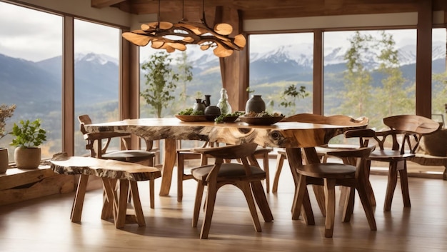 Rustikale Träumerei Ein gemütlicher Rückzugsort mit Live-Edge-Tisch und Holzstühlen