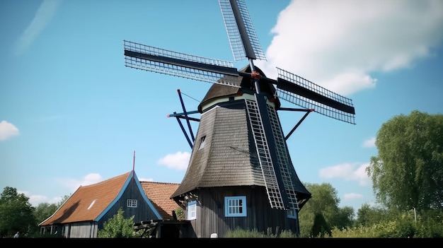 Rustikale und charmante ländliche Windmühle mit blauem Himmel _14xjpg