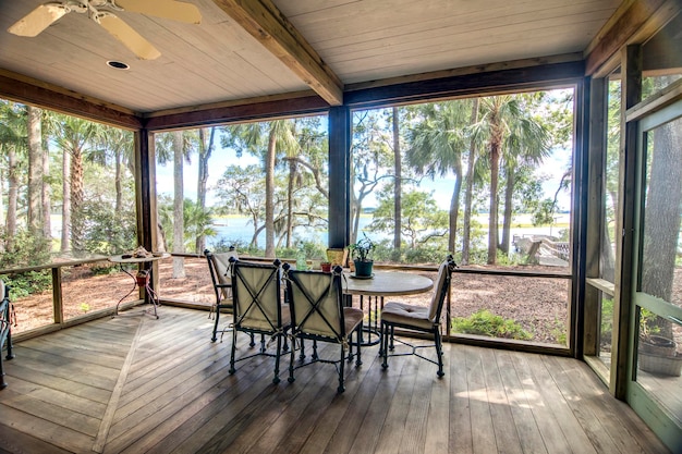 Rustikale Veranda mit Blick auf den Wald und das Wasser