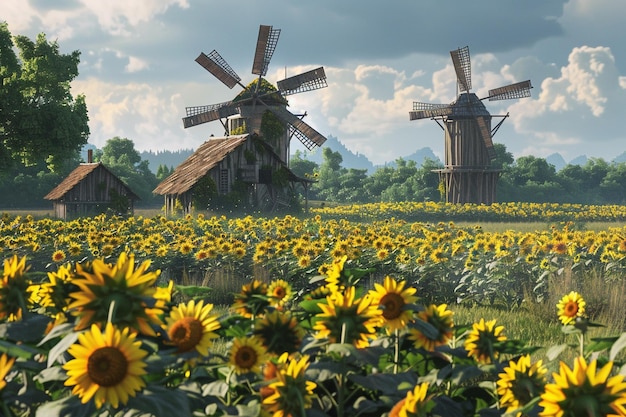 Rustikale Windmühlen umgeben von Sonnenblumenfeldern