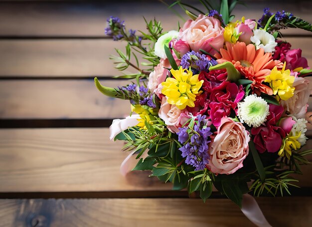 Foto rustikaler blumenstrauß auf einem holztisch, naturgeschenk