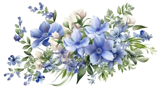Rustikaler Blumenstrauß mit einer Sammlung sanfter blauer Blumen