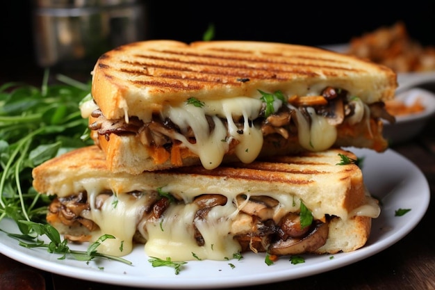 Rustikaler Charme Pilz Schweizer Melt Panini Vergnügen Sandwich Bildfotografie