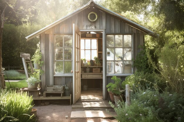 Rustikaler Gartenschuppen mit natürlichem Licht, das durch die Fenster scheint