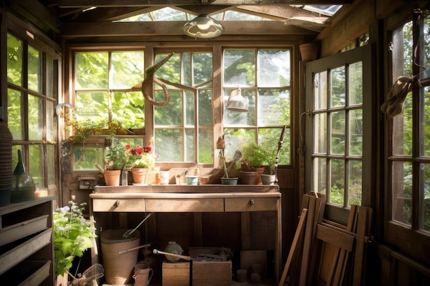 Rustikaler Gartenschuppen mit natürlichem Licht, das durch die Fenster scheint