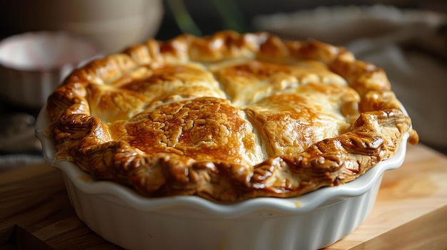 Rustikaler hausgemachter Hühnerkuchen in einem weißen Keramikgeschirr Komfortmahlzeit in ihrer besten Form