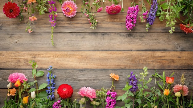 Rustikaler Holz-Flatlay-Tisch-Hintergrund mit einem Sommer-Fülle-Thema viele Holzplatten