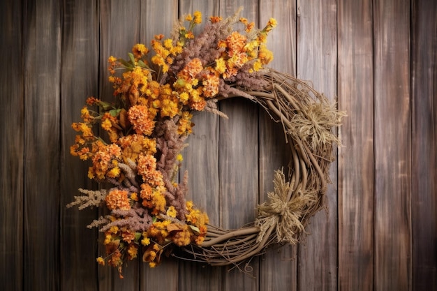 Rustikaler Holzhintergrund mit einem handgefertigten Herbstkranz