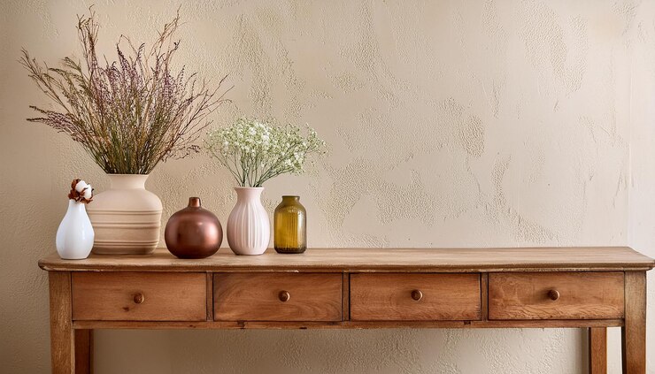 Foto rustikaler holzkonsolentisch gegen beige stuckwand mit kopierplatz