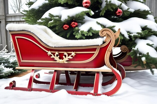 Foto rustikaler holzschlitten mit weihnachtsdekorationen unter einem schneebedeckten baum