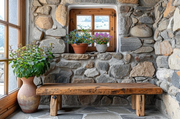 Rustikaler Holzsitz neben einer Wand aus Natursteinverkleidung