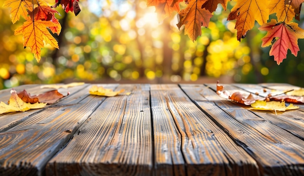 Foto rustikaler holztisch mit herbst-hintergrund, bunte blätter und sonnenlicht, das durch bäume filtert