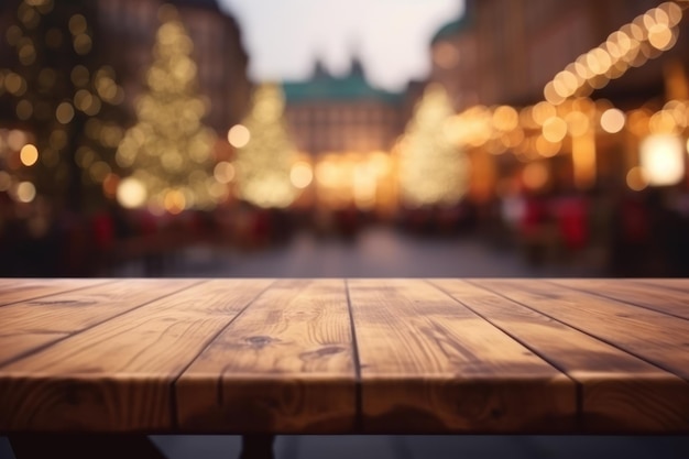 Rustikaler Holztisch mit Weihnachtsdekorationen, KI-generiert