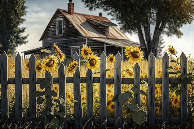 Rustikaler Holzzaun umgibt das Bauernhaus mit blühenden Sonnenblumen im Hintergrund