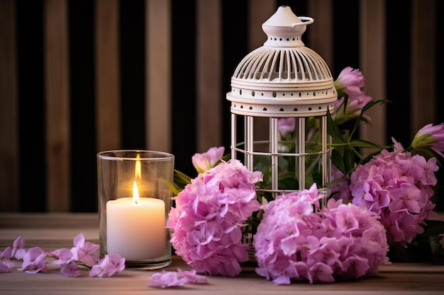 Rustikaler Käfig mit leuchtender Kerze und lila Blumen