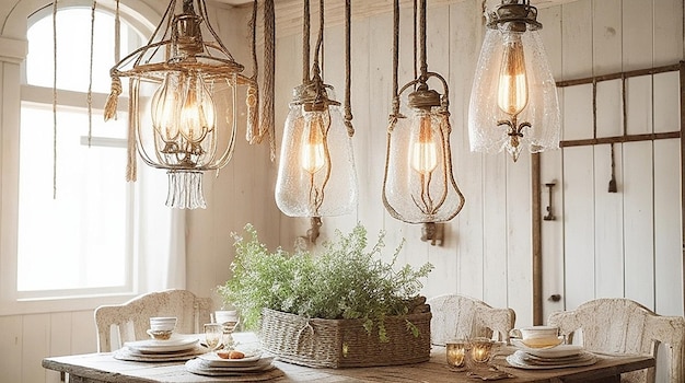 Rustikaler Kronleuchter aus Glühbirnen und Seilen über einem Esstisch in einer alten Küche