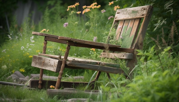 Rustikaler Stuhl auf einer Wiese, umgeben von Natur, generiert von KI