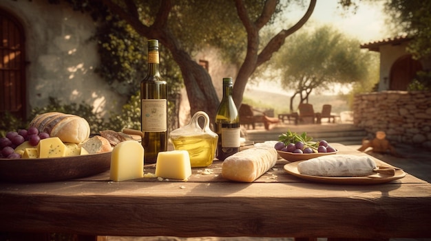 Rustikaler Tisch im Freien mit Käse, Wein und Olivenöl in einer italienischen Landschaft, Essen, traditionelles Essen, Picknicktisch mit Tellern und Flaschen, italienische Landschaft, Käseplatte, generative KI