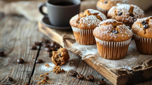 Foto rustikaler tisch mit einer tasse kaffee und einem teller mit schokoladenmuffins kaffeebohnen sind auf dem tisch verstreut