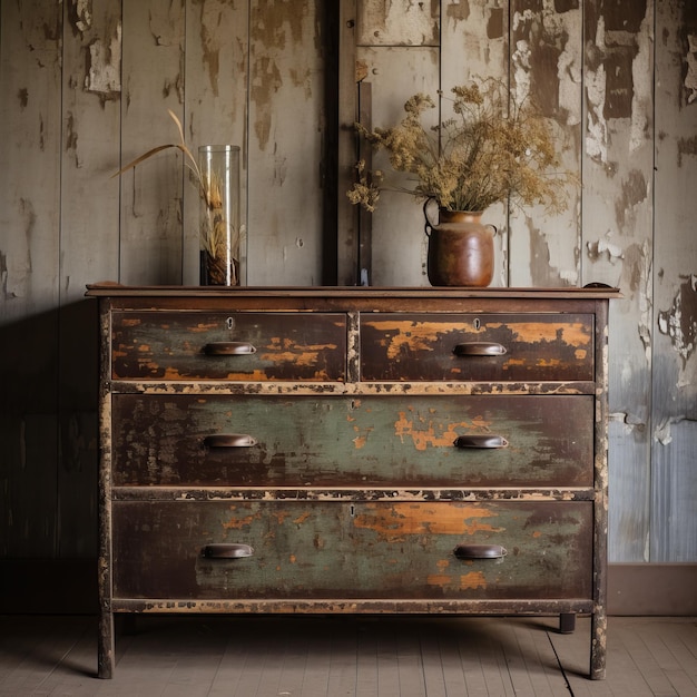 Rustikaler Vintage-Schrank mit bedrängtem Holz und industriellem Einfluss