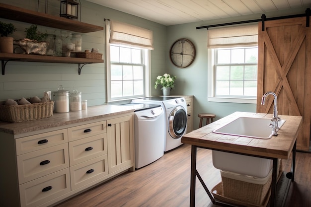 Rustikaler Waschraum im Bauernhausstil mit offenem Regal für ein Bauernwaschbecken und einer Scheunenschiebetür