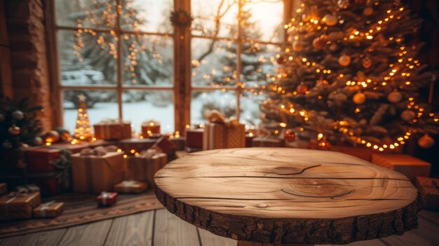 Rustikaler Weihnachtshintergrund mit einem Holztisch und einem geschmückten Weihnachtenbaum im Hintergrund