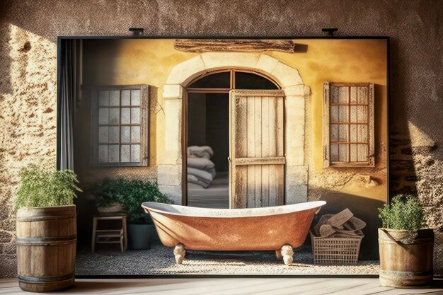 Rustikales Badezimmerinterieur mit Vintage-Badewanne