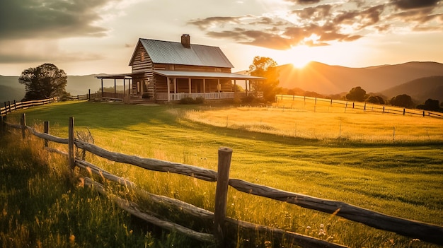 Rustikales Bauernhausfoto mit Sonnenuntergang und Ai-Generierung in den Appalachen