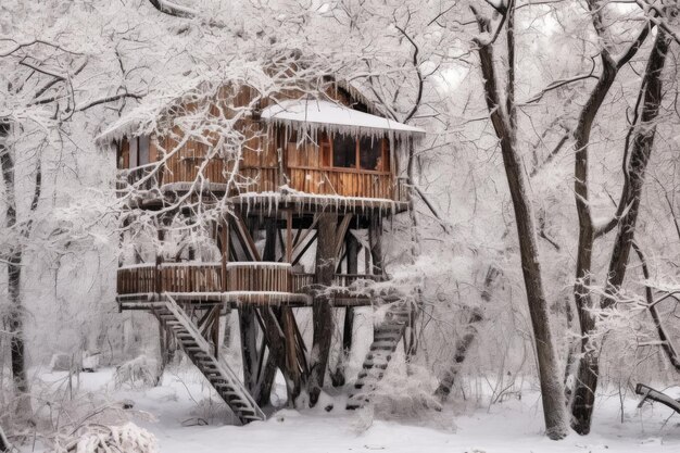 Rustikales Baumhaus, das von schneebedeckten Zweigen verborgen ist und mit generativen Ai geschaffen wurde