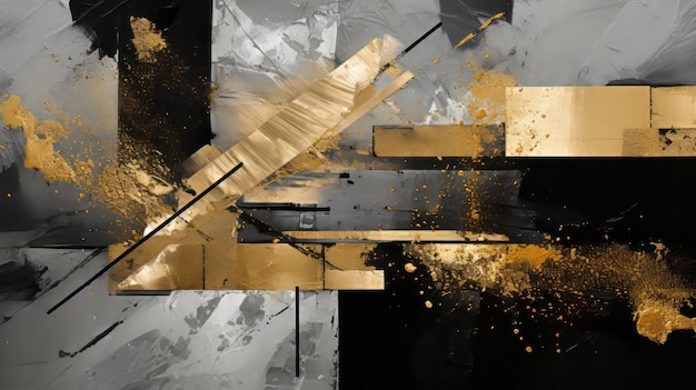 Rustikales futuristisches abstraktes Kunstwerk mit goldener Schwarz-Weiß-Farbe