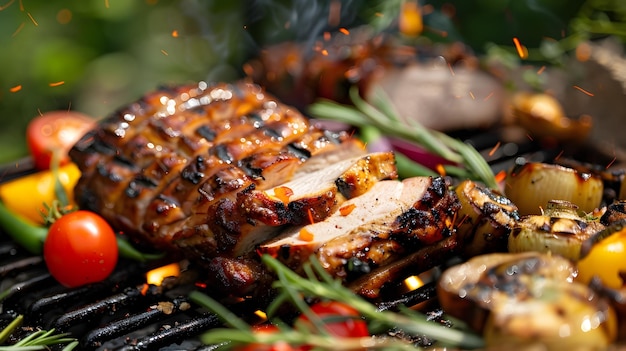 Rustikales gegrilltes Schweinefleisch mit lebhaftem Gemüse und schmackhaften Aromen