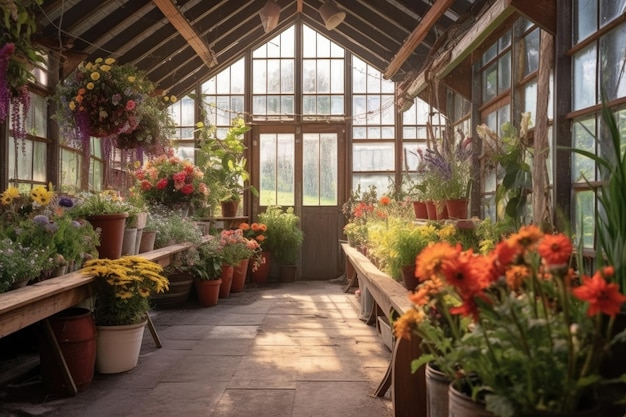 Rustikales Gewächshaus mit bunten Blumen im Inneren, erstellt mit generativer KI